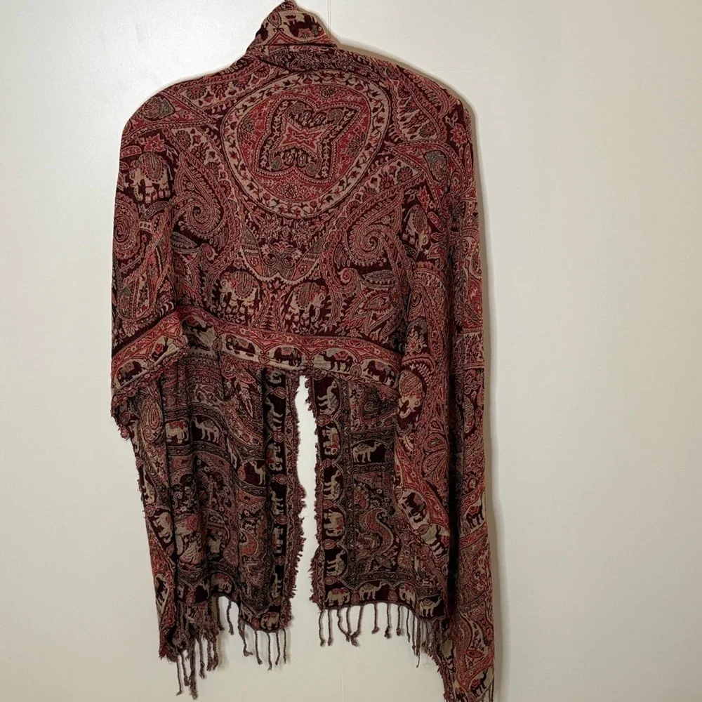 Paisley Camel & Elephant Print Silk & Wool Shawl